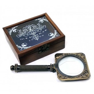 Лупа бронзовая Sherlock Holmes антик в деревянном футляре, лупа 9,5х21см, футляр 12х12х5 см