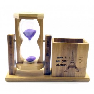 Часы песочные с подставкой для ручек фиолетовый песок(19х15х5,5 см)