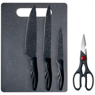 Кухонный набор S&T Gillis 3 ножа с антибактериальным покрытием, ножницы и доска
