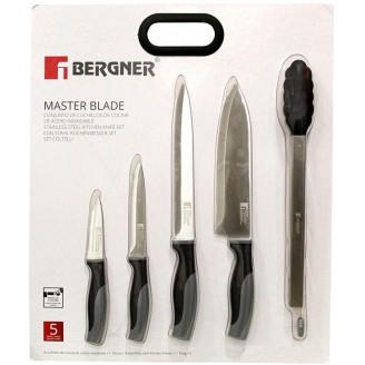 Набор кухонных ножей Bergner In-Black, 4 ножа и щипцы, нержавеющая сталь