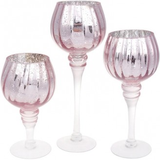 Набор 3 стеклянных подсвечника Christel 32см, 30см, 25см, розовый с серебром