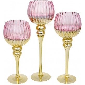 Набор 3 стеклянных подсвечника Lovell 30см, 35см, 40см, розовый с золотом